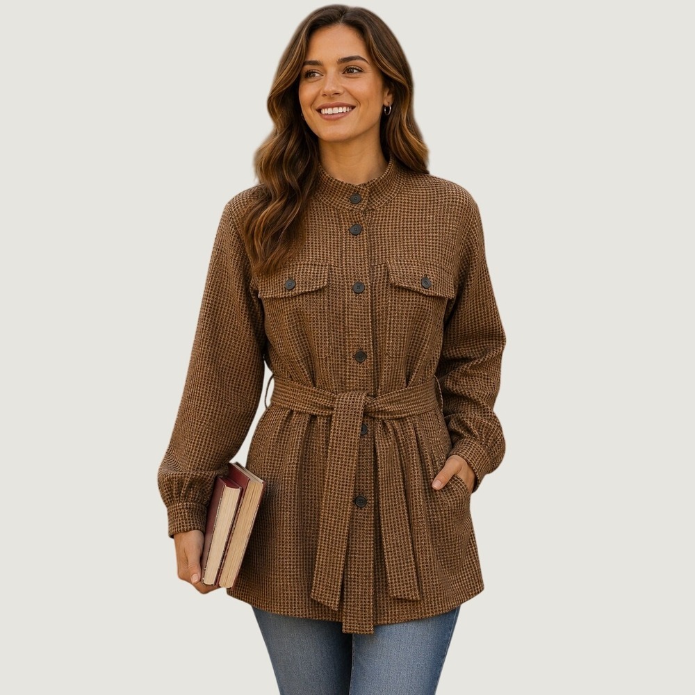 Three Pears Shacket Women's S Houndstooth Shirt Jacket Belted Academia Old Money